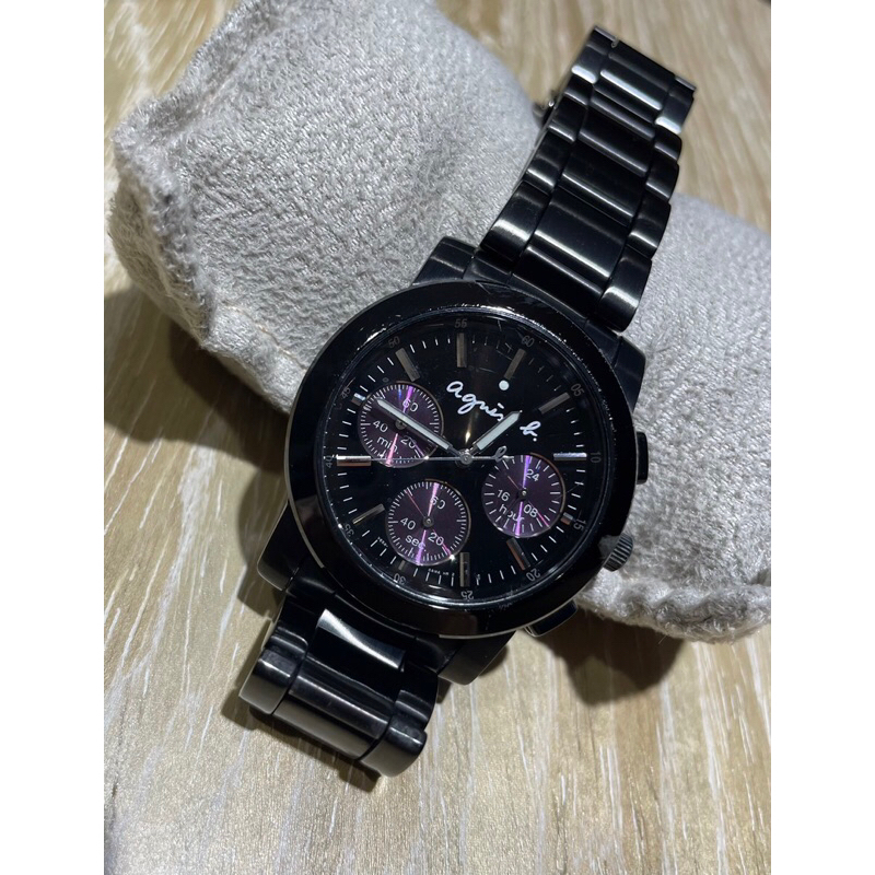 agnes b.三眼手錶/黑/紫/精品時尚