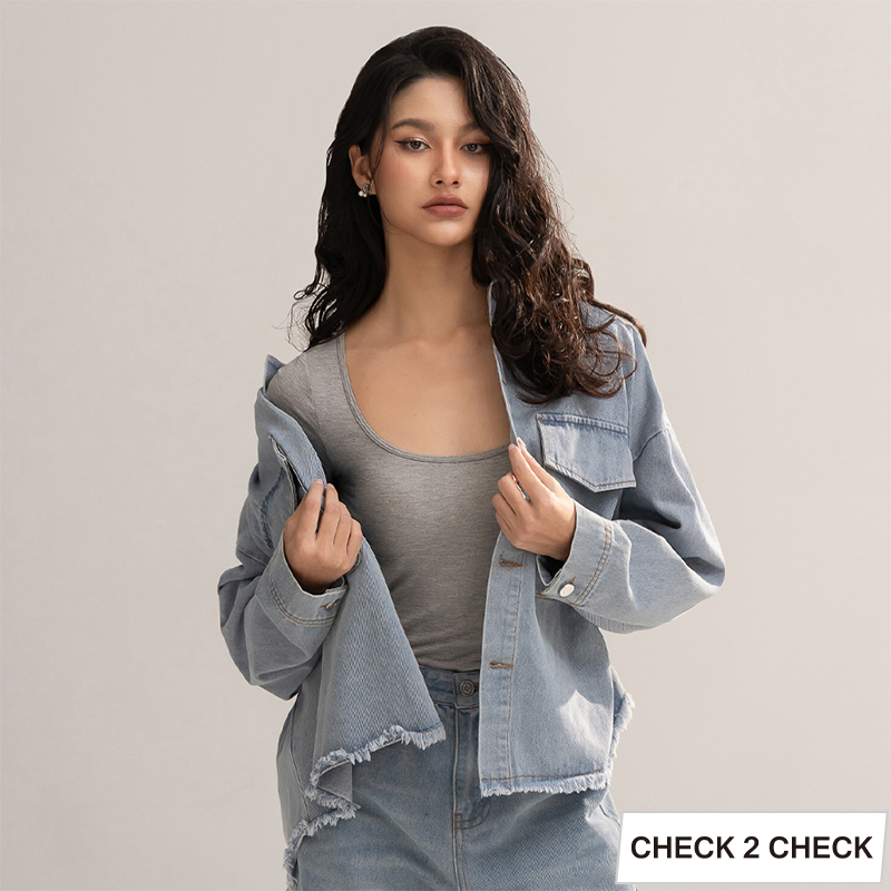 HUE-寬鬆百搭牛仔外套 oversize 前短後長 下擺圓弧 無收邊抽鬚 牛仔襯衫【CB00-030040】[現貨]