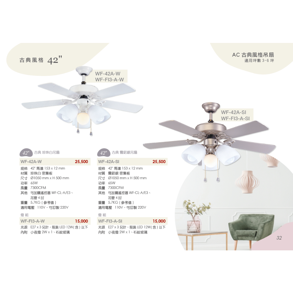 【楓光吊扇】【雨果燈飾】【含稅附發票】古典風格 42吋 AC吊扇 珍珠白 霧鋁銀 吊燈 吊扇燈 工業風吊扇