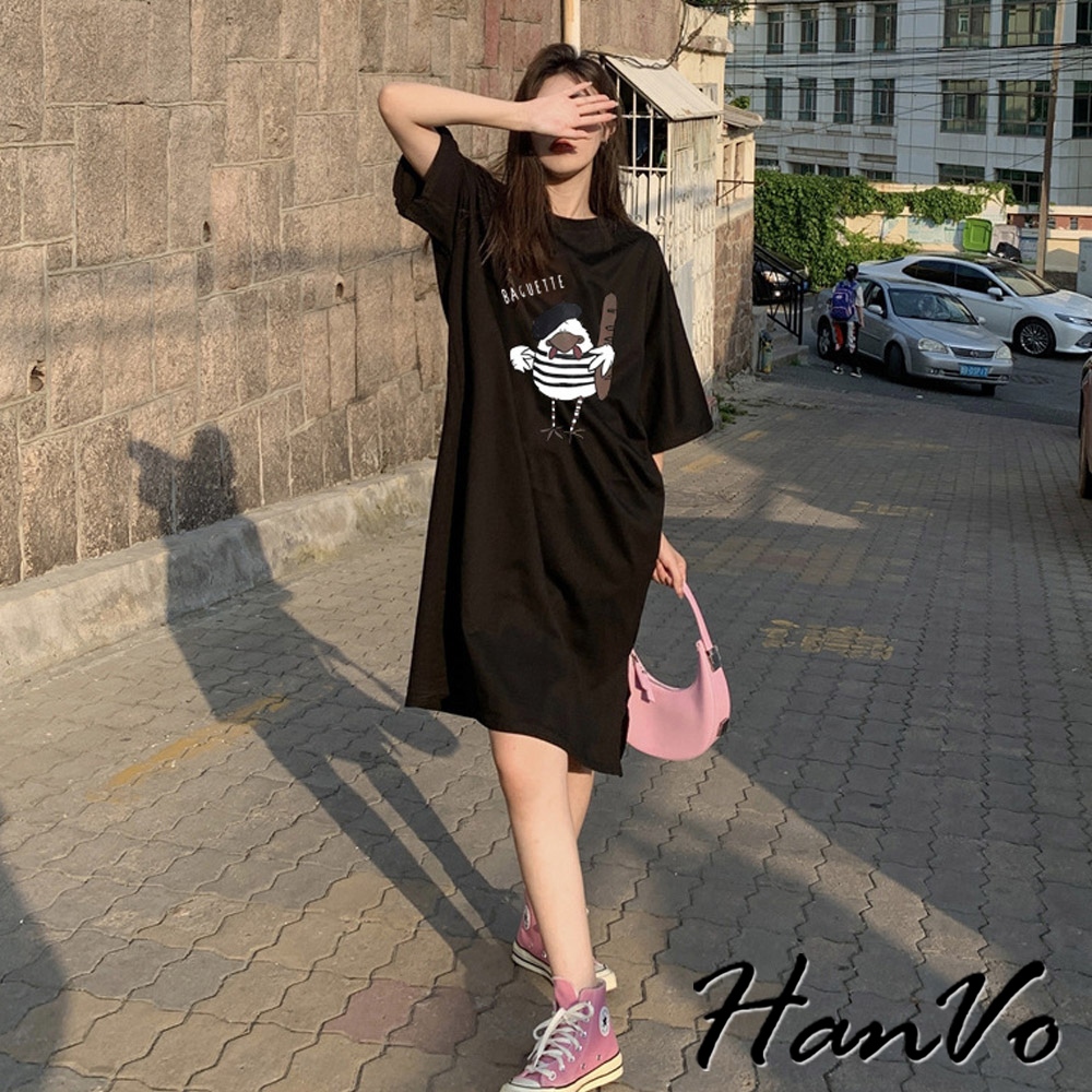 【HanVo】逗趣麵包雞短袖長洋裝 舒適親膚柔軟休閒連衣裙 韓系女裝 女生衣著 3704