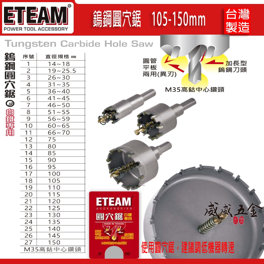 ETEAM 一等｜範圍105-150mm｜高鈷M35 異刃超硬鎢鋼圓穴鋸 圓穴鑽頭 鑽尾 白鐵鑽孔器｜台灣製【威威五金】