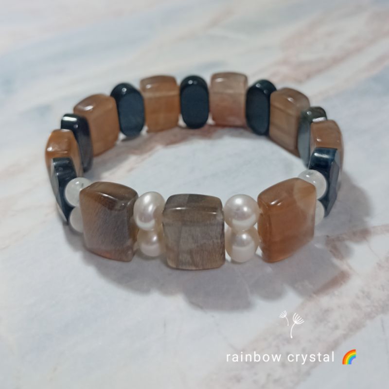 rainbow crystal 🌈天然黑金骨幹 藍虎眼 手排 排寬14mm 藍月光 珍珠 鑽切虎眼 太陽石 金太陽