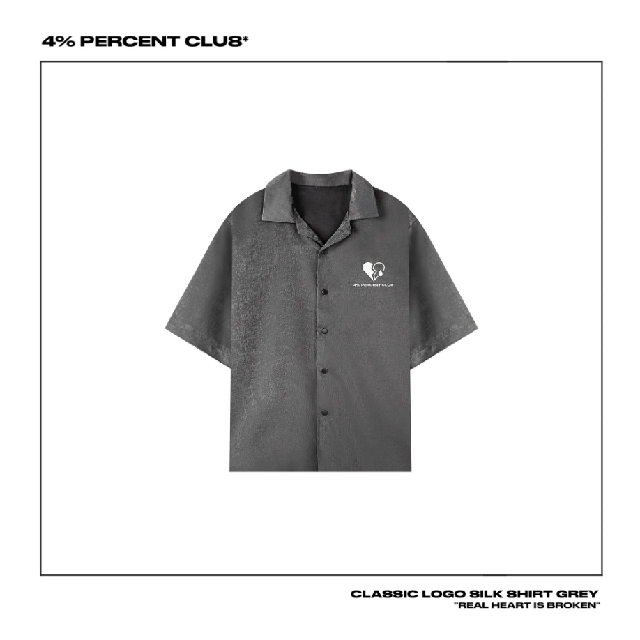 4PERCENT 4% CLASSIC LOGO SILK SHIRT GREY / 經典款灰絲綢短袖襯衫 M