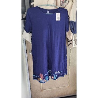 design 樹木/海洋下擺刺繡 短袖長版T洋裝 海豚 tshirts store graniph