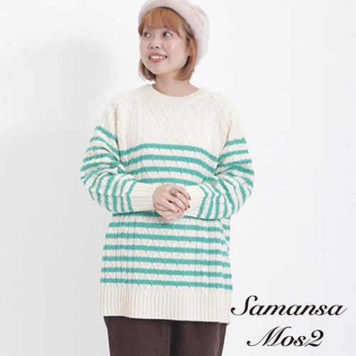 Samansa Mos2 羊毛混紡菱格紋長版圓領針織衫(FL37L2C0780)