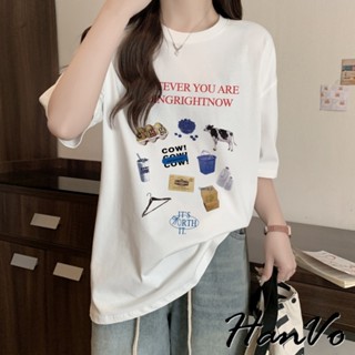 【HanVo】牛牛農場塗鴉印花寬鬆T恤 純棉透氣吸濕排汗上衣 韓系女裝 女生衣著 A01-0156