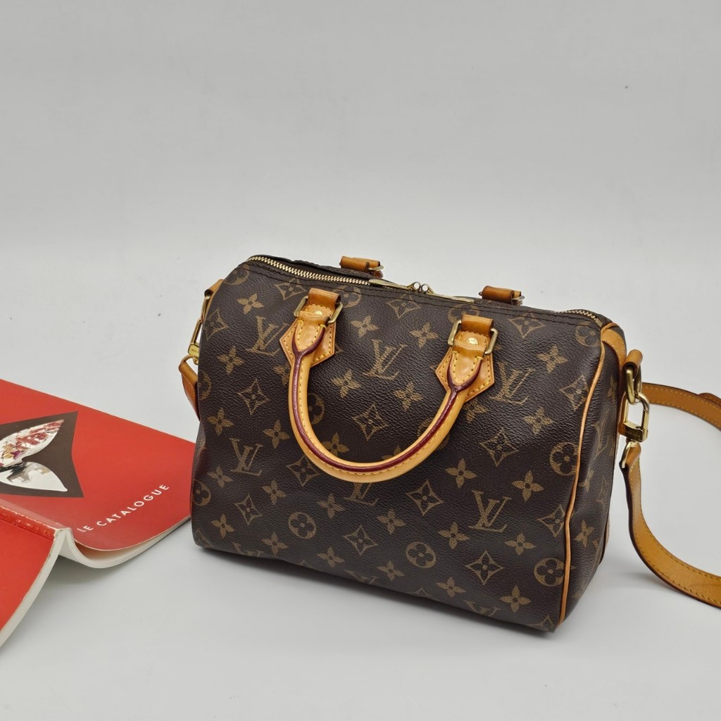 【哈極品】二手品《 Louis Vuitton LV 新款 老花字紋 speedy 25公分二用波士頓包/手提包/斜背包