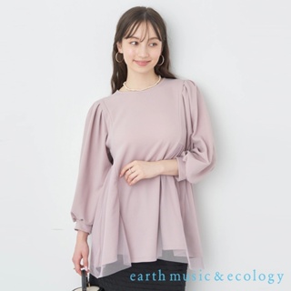 earth music&ecology 側薄紗拼接設計圓領七分袖上衣(1N41L1G0100)