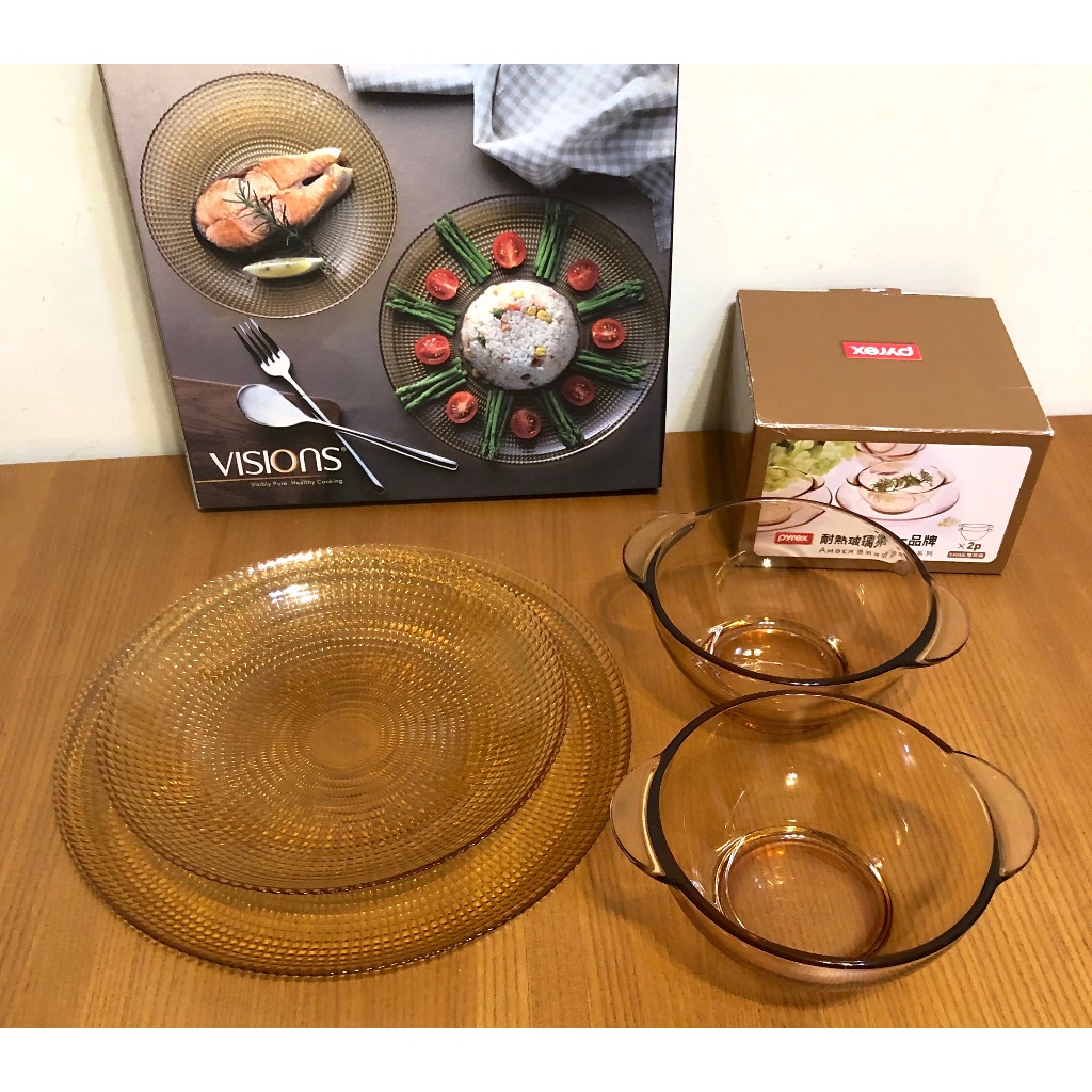 美國康寧 PYREX 晶彩透明雙耳碗 540ml 共2入+康寧 Generation 8.5吋/10.5吋 餐盤 共2入