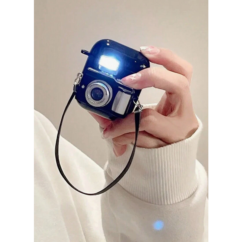 韓國創意3d相機形狀矽膠保護套,適用於airpods 1/2,具備內置電池、防丟腕帶和無線耳機盒功能