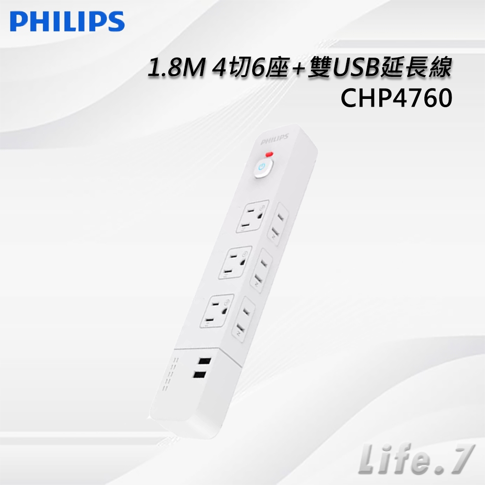 【PHILIPS 飛利浦】1.8M 4切6座+雙USB延長線(CHP4760)