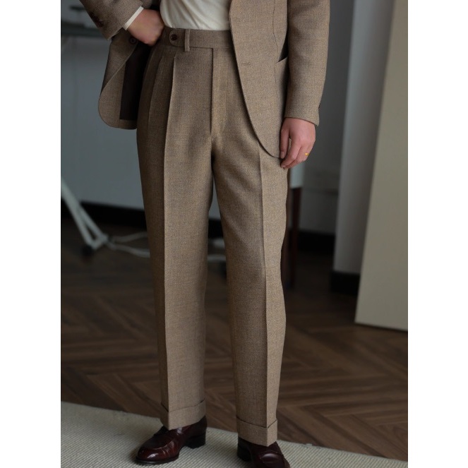 GD-C米駝色薄花呢100%全羊毛高腰寬鬆雙褶義式那不勒斯復古紳士西裝褲/長褲