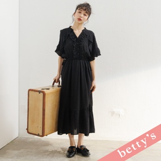 betty’s貝蒂思(31)優雅飄逸荷葉邊露肩洋裝(黑色)