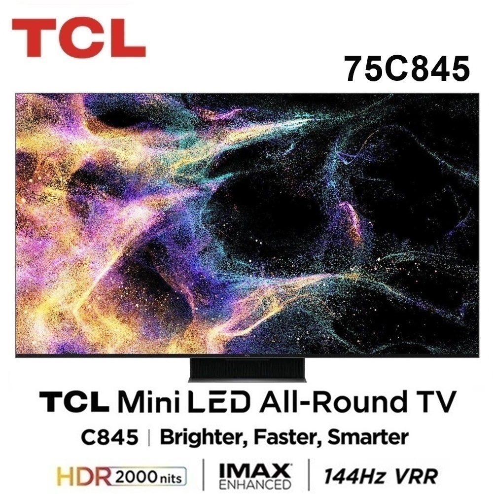 【TCL】75吋 4K QLED-Mini LED 144Hz Google TV 量子智能連網電視 75C845含運送