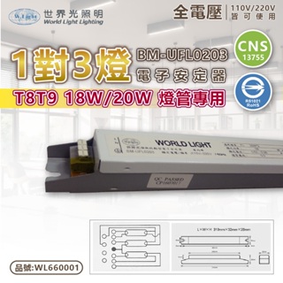 [喜萬年] 世界光 電子安定器 BM-UFL0203 T8 FL18W FL 20W 3燈 全電壓 預熱式 安定器 燈