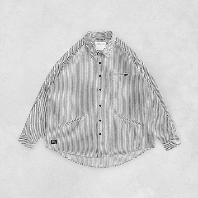 [B-SIDE]STRIPE WORK SHIRT灰白直條紋寬版口袋長袖襯衫