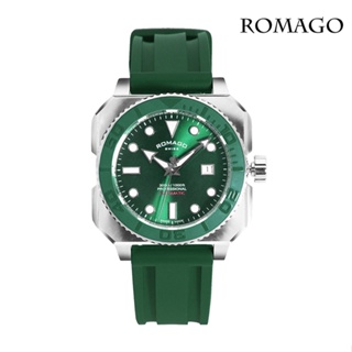 ROMAGO | 瑞士原廠平輸手錶 專業潛水錶 方中帶圓 銀框 綠面 綠色橡膠錶帶 自動上鍊機械錶