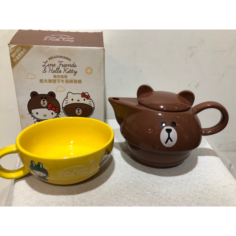 hello kitty &amp; line friend熊大頭型下午茶杯壺組