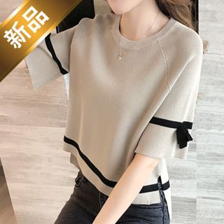 臺灣出貨【甜心T恤】夏季五分袖上衣 短袖T恤女 短款上衣 韓版上衣 寬鬆上衣 短袖針織 中袖短款上衣 套頭針織衫 女裝
