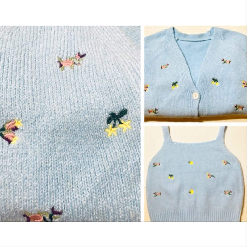 全新🧸柔軟棉花糖🌼小花朵刺繡毛衣針織V領外套  針織背心 短版 水藍 baby blue  兩件式  套裝