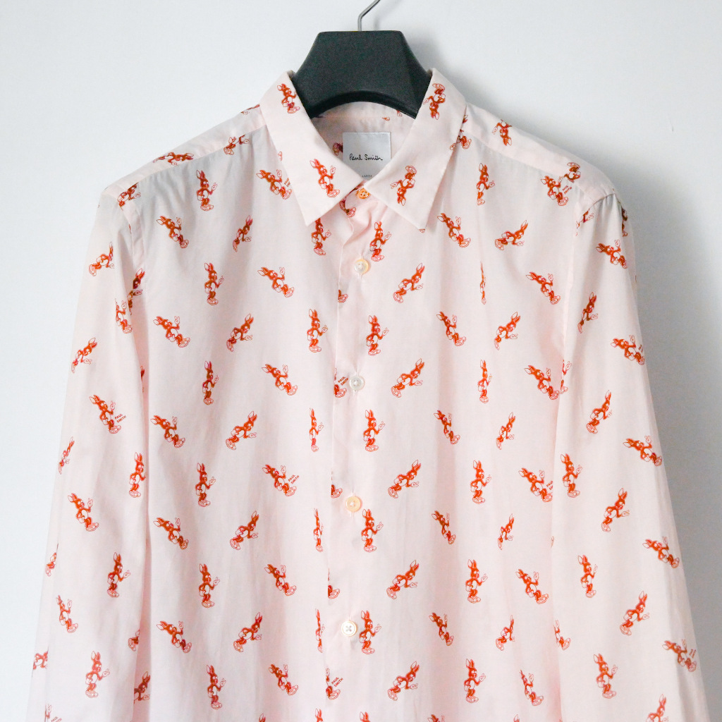 【稀有收藏】日本製 Paul Smith 粉紅色 兔子圖樣 長袖印刷襯衫 SIZE L