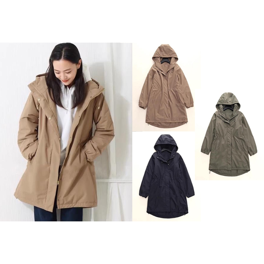 日本 女 蓄熱保暖 內收腰 寬鬆 中長款 薄鋪棉 連帽 風衣 大衣 外套 MARBLE WALTZ