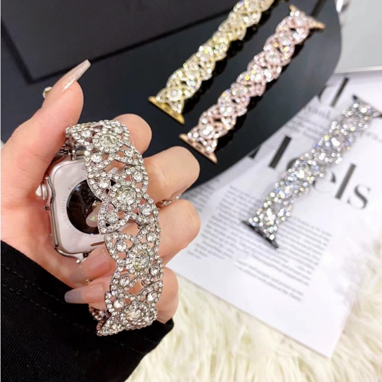奢華鑲鑽四葉花錶帶 適用於Applewatch9/8金屬單圈iwatch765SE滿鑽爆閃錶帶錶鏈 iwatch錶帶