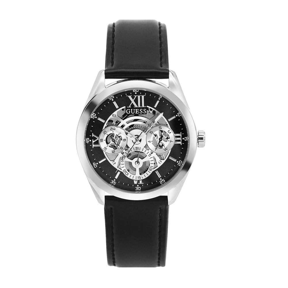 GUESS  手錶 | 三眼日期顯示 鏤空錶盤 銀x黑 真皮錶帶 GW0389G1