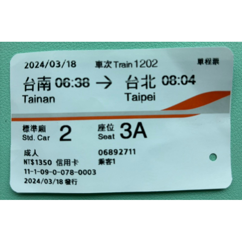 高鐵票根台南—台北20240318一張