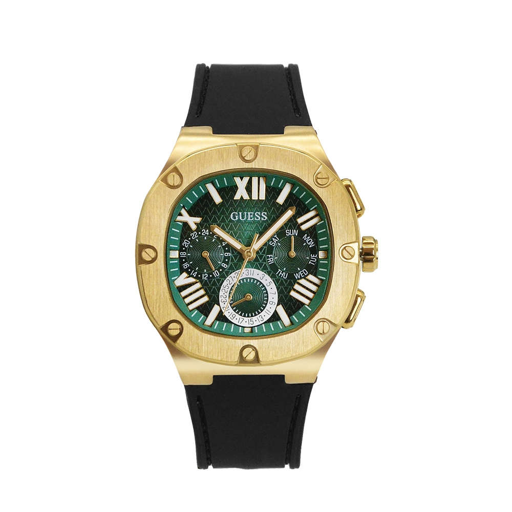 GUESS | 金框 綠面 三眼日期顯示 圓角方型腕錶 黑色矽膠錶帶 男錶 手錶(GW0571G3)