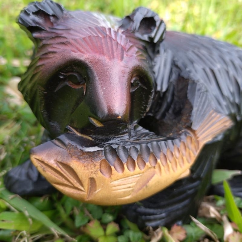 日本北海道木雕熊 熊捕魚木刻收藏紀念工藝品 熊木雕動物擺件擺飾設