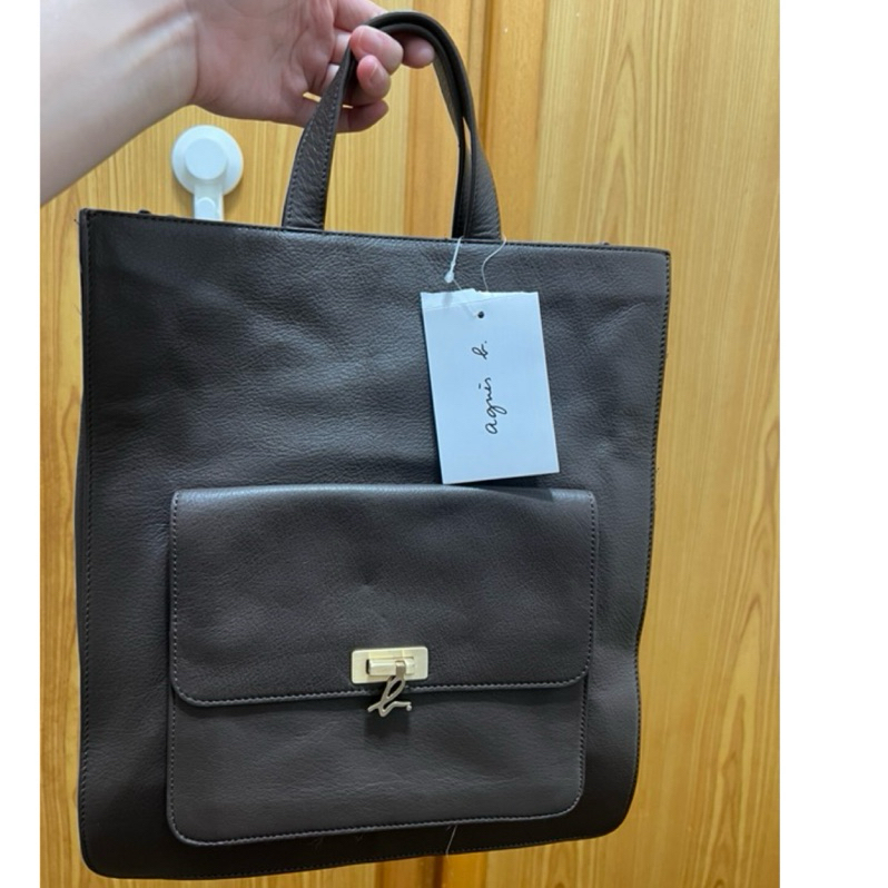 現貨 agnes b. 皮革托特包 logo鎖頭 tote bag 公事包 辦公 電腦包 復古深棕色