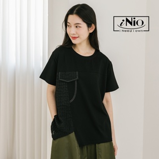 iNio 衣著美學 短袖上衣 現貨 材質拼接 口袋造型 短袖棉T CDW1070