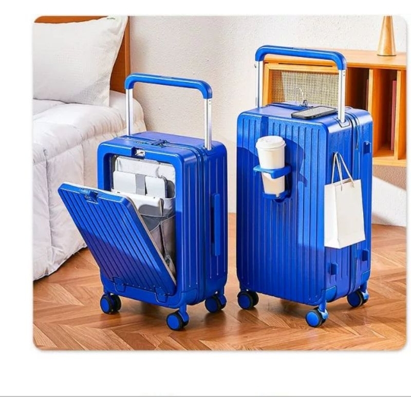 降！轉賣 前開行李箱 有充電孔 有折疊杯架 全新～20吋行李箱 藍色