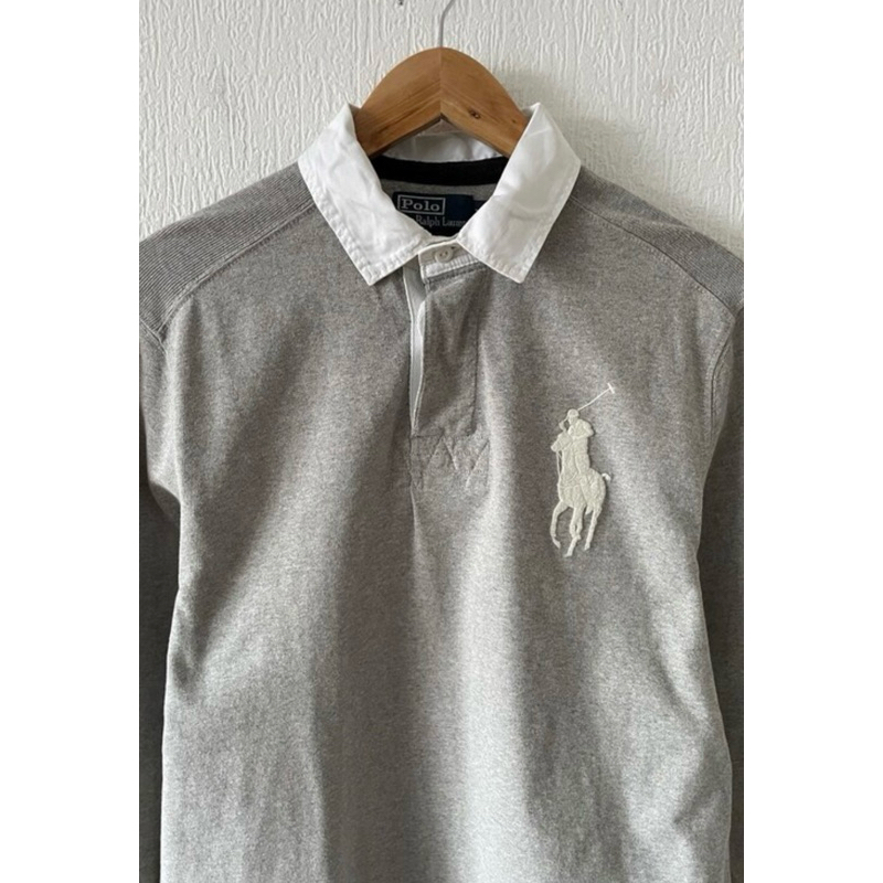 POLO Ralph 刺繡大馬logo學院灰配白色橄欖球衫