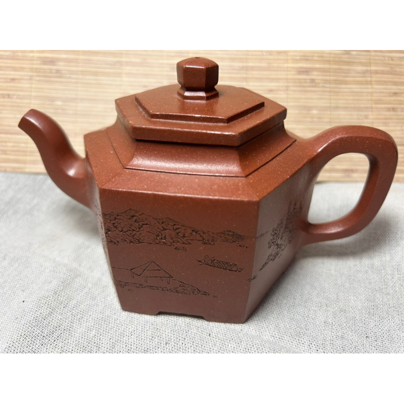 古董收藏-老紫砂浮雕六方茶壺