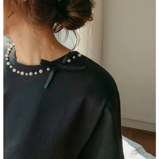 一件免運 韓國代購 正韓女裝 漂亮點綴珍珠領口蝴蝶結飾帶短袖上衣