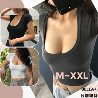 BELLA+臺灣現貨秒出🆕三色M~XXL低胸運動速乾大圓領性感短版上衣臺灣現貨高腰女T上衣夏季法式短袖打底衫
