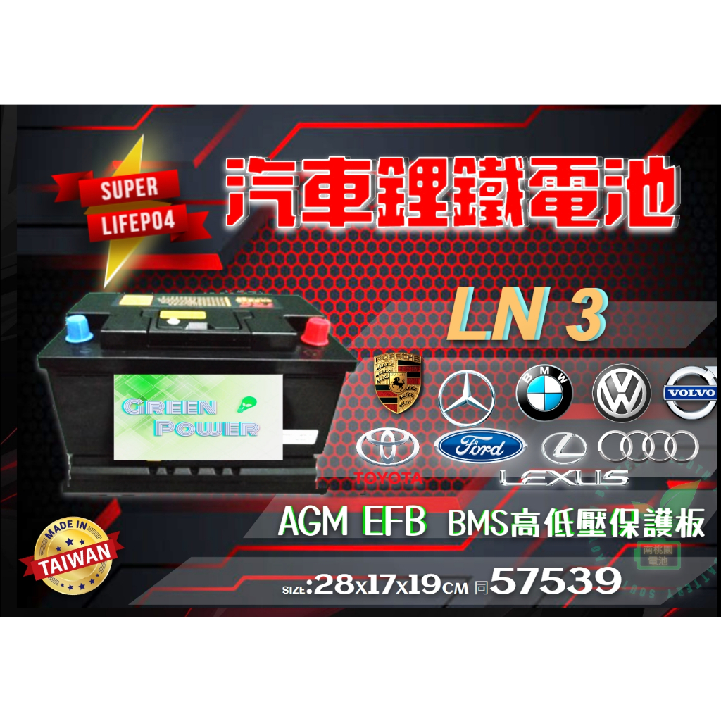 南桃園汽車鋰鐵電池LN3支援AGM起停車系EFB怠速熄火通57539台灣製造福特mk4賓士BMW 福斯 奧迪 VOLVO