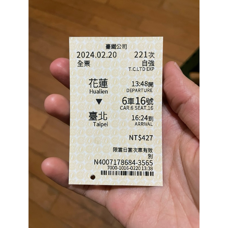 2024.2.20台鐵車票（花蓮-台北）