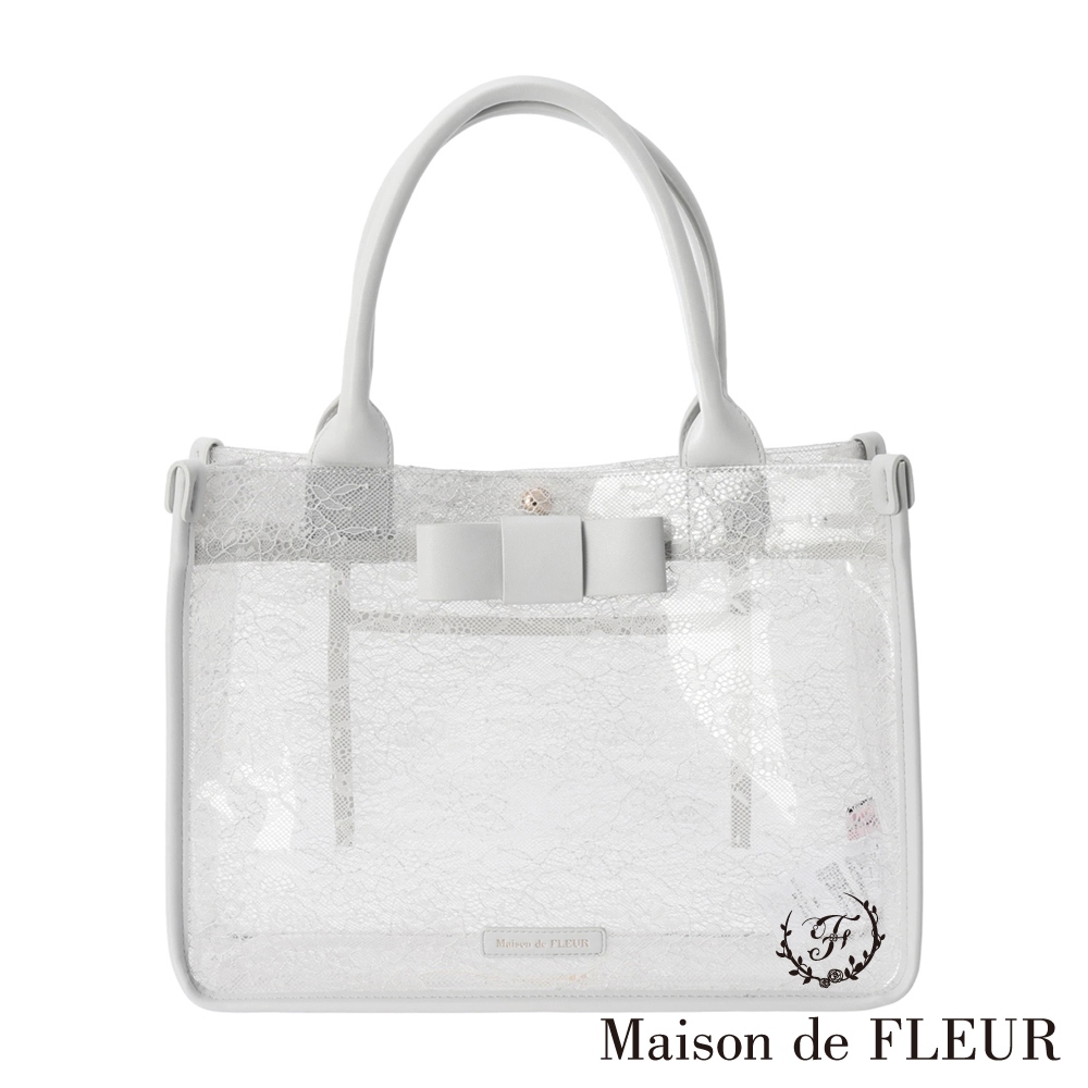 Maison de FLEUR 【WEB限定】優雅透明蕾絲皮革拼接托特包(8S41F0J1200)