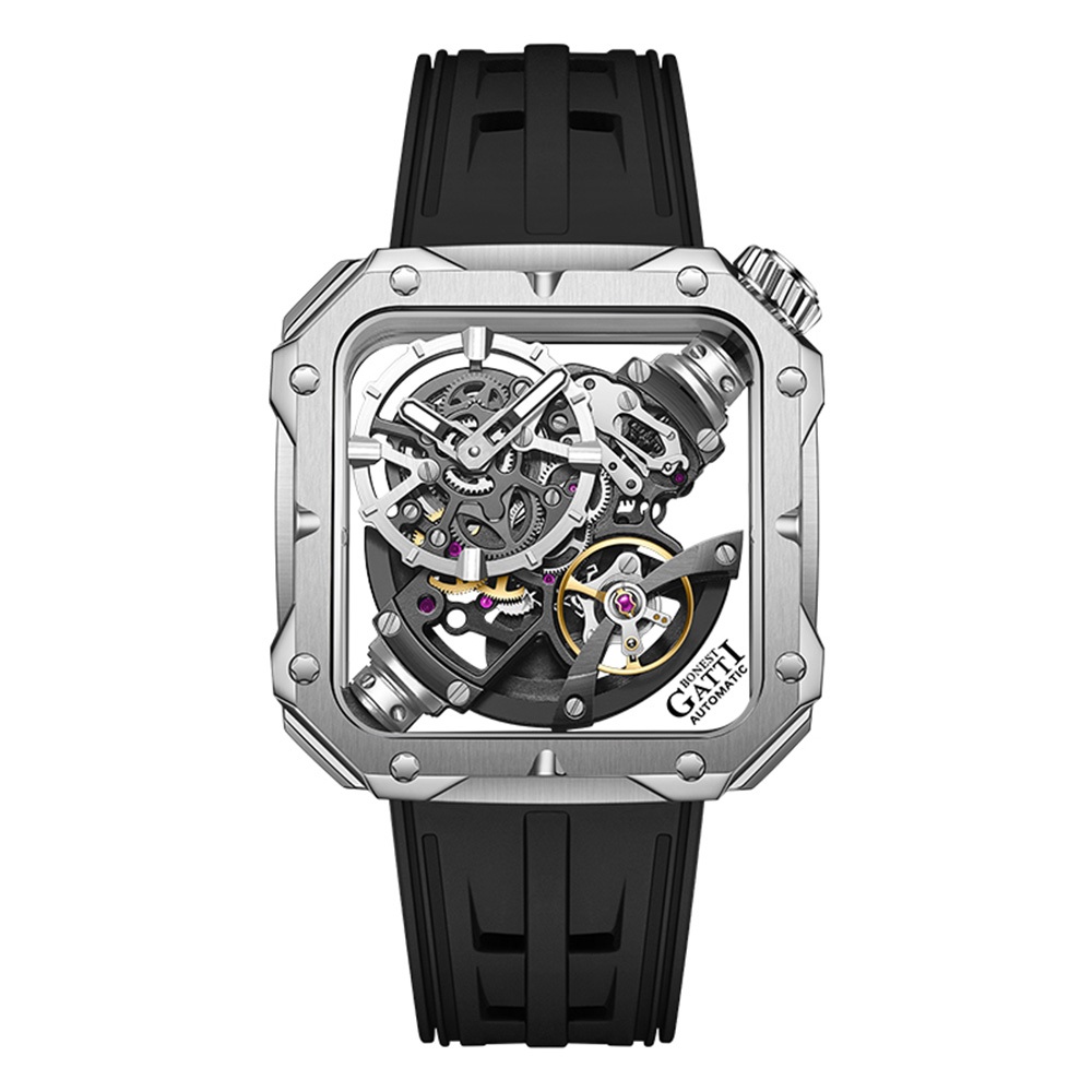 【For You】BONEST GATTI 布加迪 原廠授權 - 銀框鏤空面盤 方型錶 黑色橡膠錶帶 自動上鍊機械錶