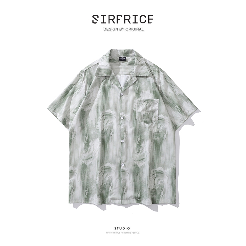 花襯衫 現貨 古巴領襯衫 復古 刷色 渲染 涼感 口袋襯衫 短袖 襯衫男 - SIRPRICE Select Shop