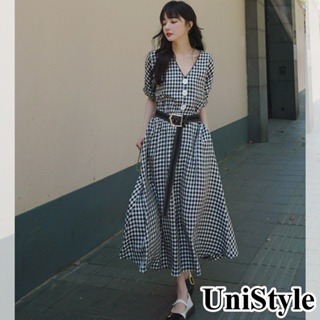 【UniStyle】V領短袖洋裝 韓系格紋法式赫本風 女 ZMC103-C036(圖片色)
