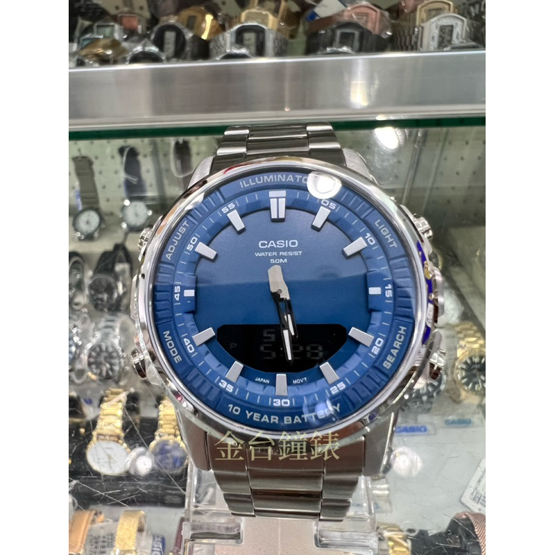 【金台鐘錶】CASIO卡西歐 AMW-880D-2A1（大錶徑)(藍)10年電力指針數位雙顯系列 不鏽鋼 防水50米