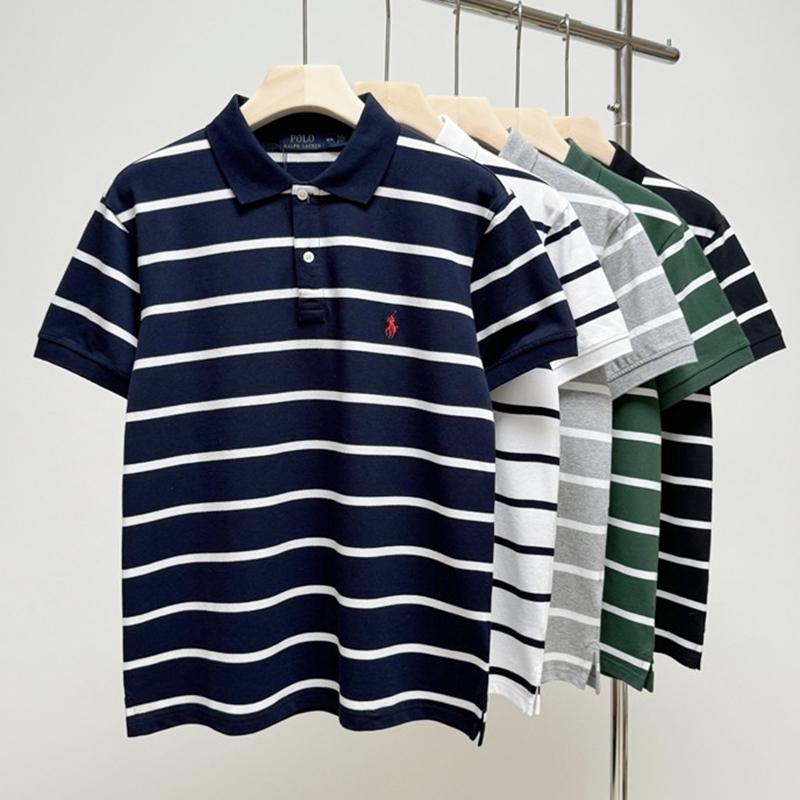 男生 Polo 刺繡小馬 保羅 條紋Polo衫 短袖POLO衫 休閒翻領短T POLO衫 珠地網眼純棉 馬球衫