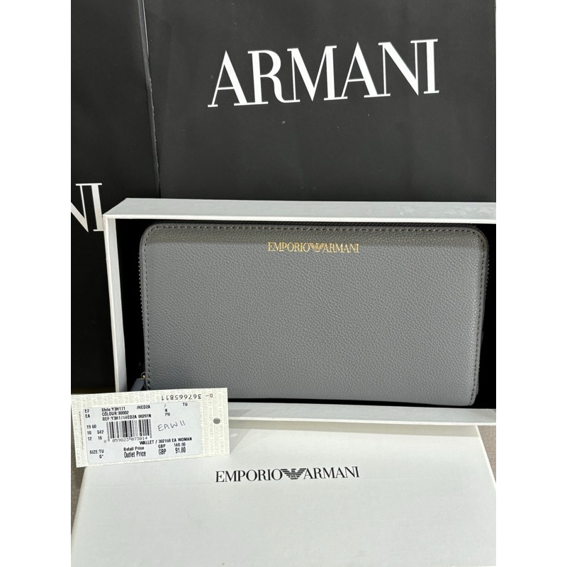 🌟【英國🇬🇧代購 現貨】全新  EMPORIO ARMANI 阿曼尼燙金 女用長夾(壓紋灰色) 附正櫃提袋x1只