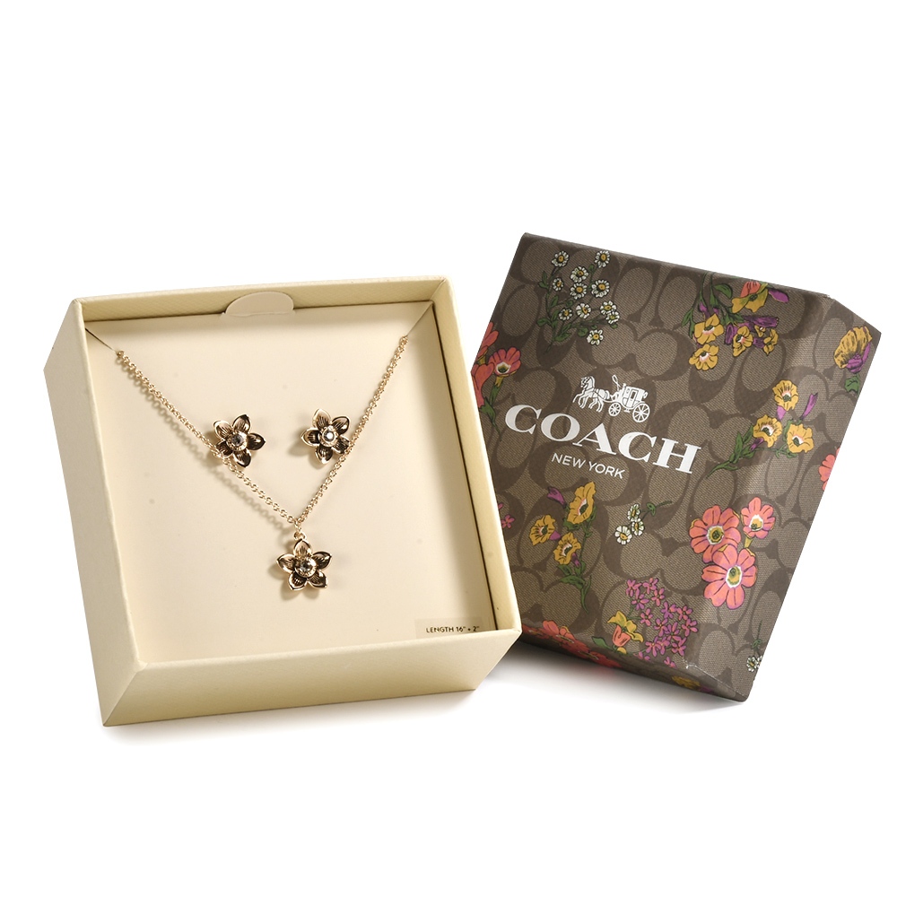COACH花朵亮鑽造型項鍊耳環組禮盒(金色)193848