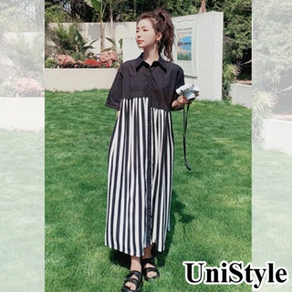【UniStyle】翻領短袖洋裝 韓系豎條紋拼接設計感襯衫連身裙 女 ZM001-2218(黑)