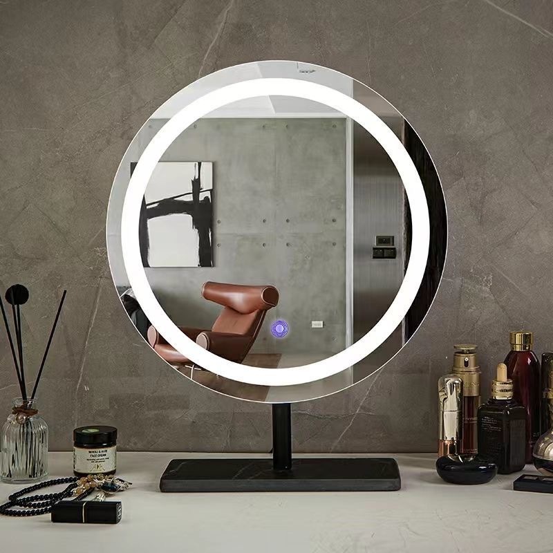現代簡約化妝鏡 臺式桌面led帶燈可旋轉 臥室智能輕奢梳妝鏡公主鏡